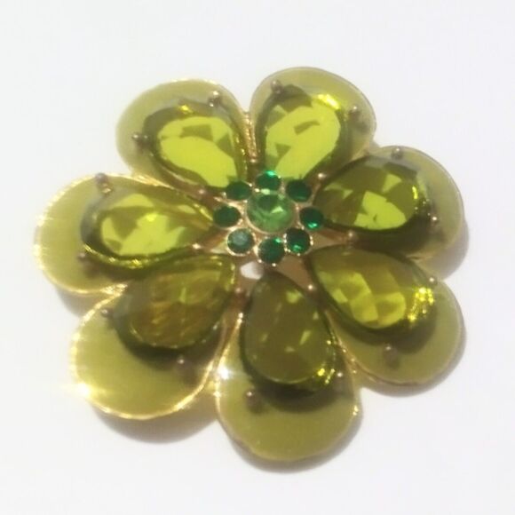 Gold Tone Green Enamel and Rhinestone Flower Brooch Pin - Picture 2 of 5
